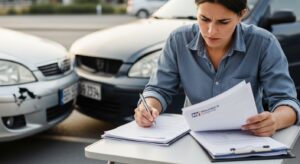 Persona revisando opciones tras accidente con conductor sin seguro