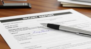 A close-up of a medical report or document with a pen, illustrating the importance of documenting injuries